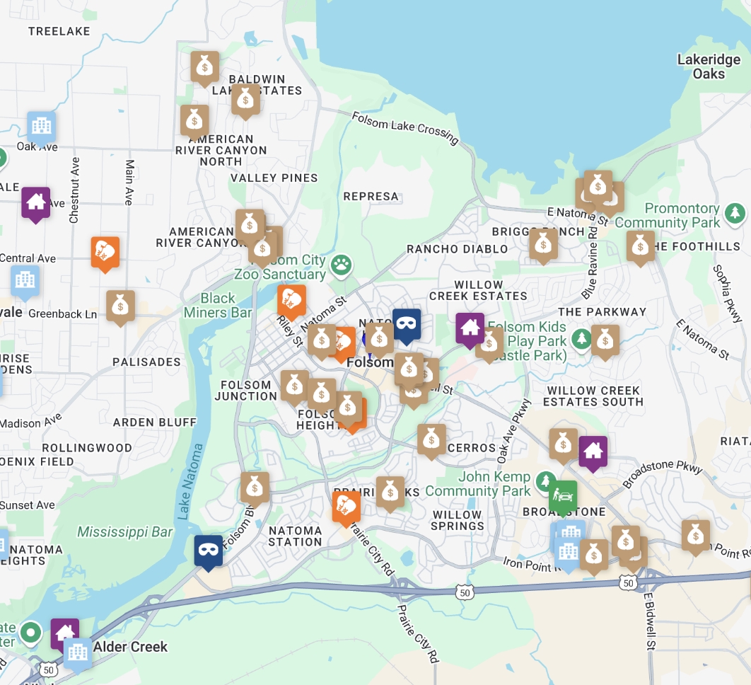 A crime map of Folsom, California, highlighting areas like Folsom Heights and Willow Creek Estates. Key spots include Folsom Zoo Sanctuary. Money bag icons mark crime incidents.